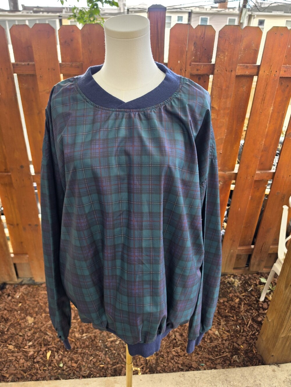 Women's Plaid V Neck Pullover Windbreaker Reversible With Pockets Ribbed